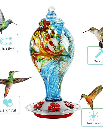 Hand Blown Glass Hummingbird Feeder - 25 Ounces - Libiyi