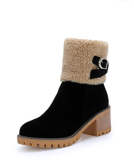Women's thick heel leather buckle warm boots - Libiyi