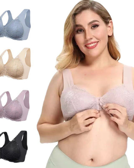 Women's Plus Size Lace Wide Straps Wireless Bra Front Closure Push Up Bras - Keillini