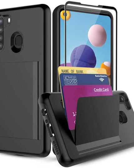 Armor Protective Card Holder Case for Samsung A21(US) With 1 PACK Screen Protector - Libiyi