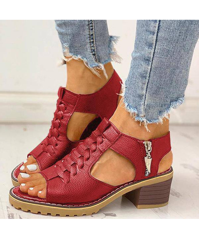 Libiyi Peep Toe Cutout Zipper Chunky Heeled Sandals - Libiyi