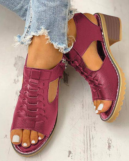 Libiyi Peep Toe Cutout Zipper Chunky Heeled Sandals - Libiyi